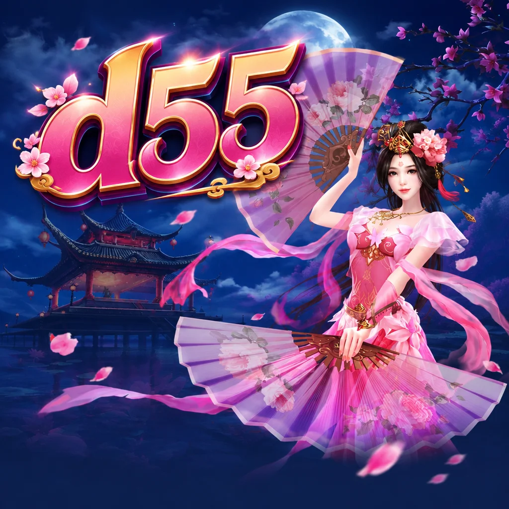 โลโก้ d55 พร้อมตัวละครเตียวเสี้ยนร่ายรำถือพัดลายดอกไม้ในเกม Diaochan
