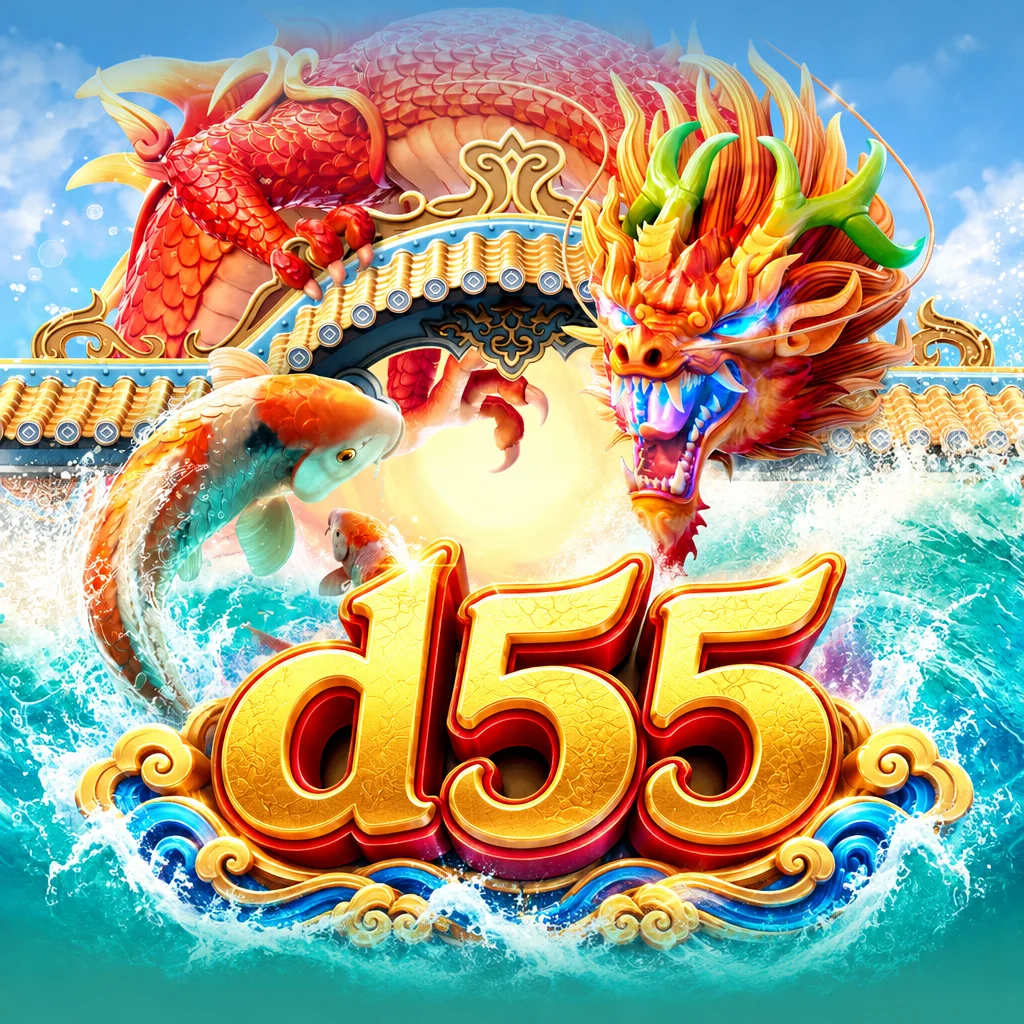 โลโก้ d55 กับมังกรทองและปลาคาร์ฟแหวกว่ายตามตำนานในเกม Dragon Legend