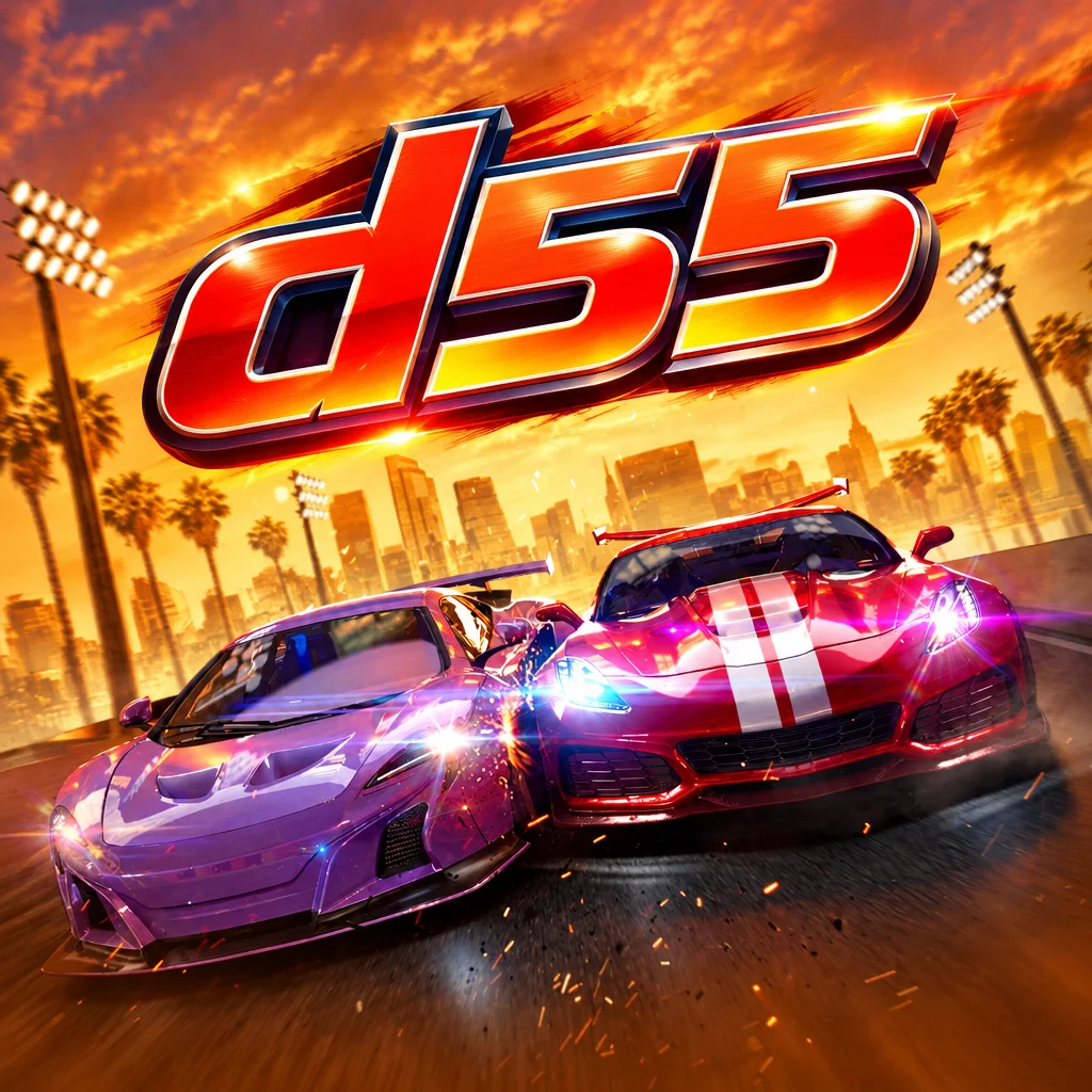 โลโก้ d55 บนภาพการแข่งขันรถสปอร์ตสีม่วงและสีแดงในเกม Speed Winner
